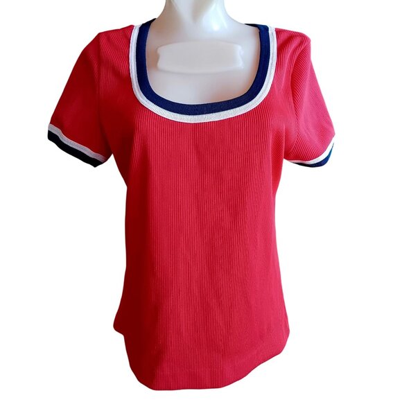 Vintage Women's T-shirt Large SIngle Stitch 80's Red Ribbed Knit Top Blue Trim - Picture 2 of 7